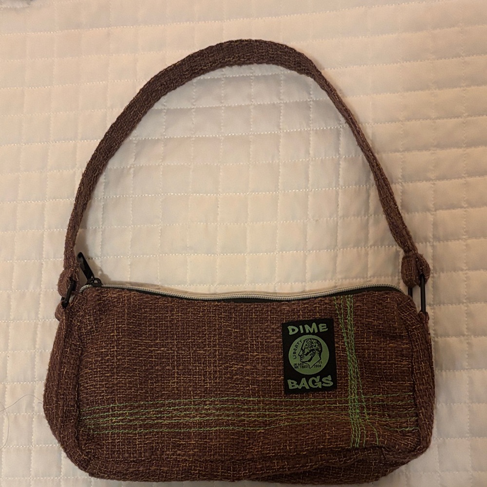 Dime Bags Brown Shoulder Bag with Green Stitching